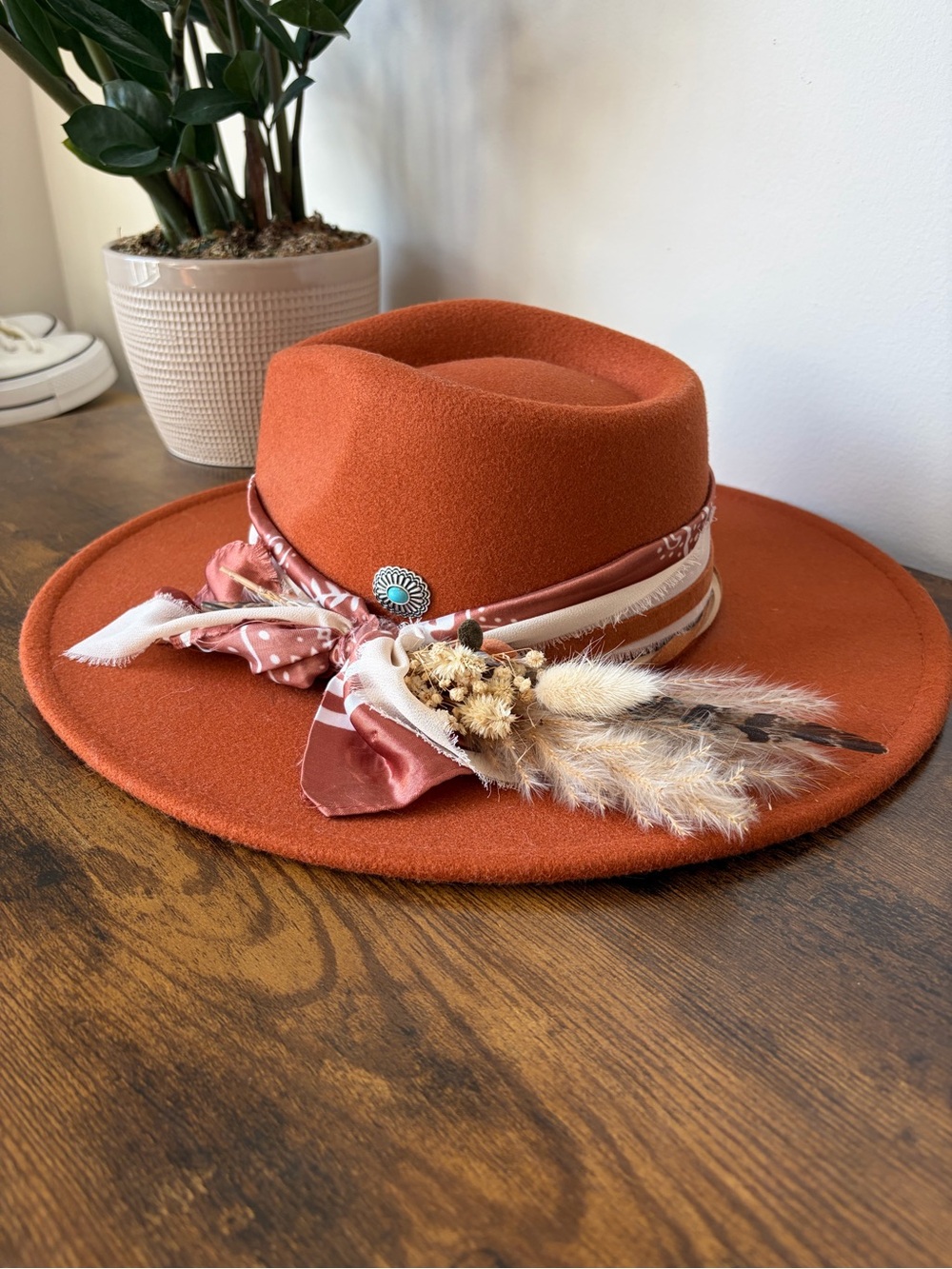 Custom Made Rust Wide-Brim Felt Fedora Cowboy Hat with Feather & Scarf Detail